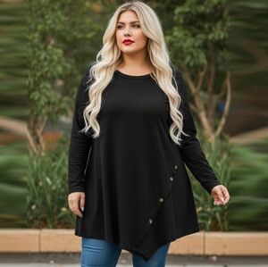 Black Asymmetrical Button Detail Long Sleeve Tunic Top